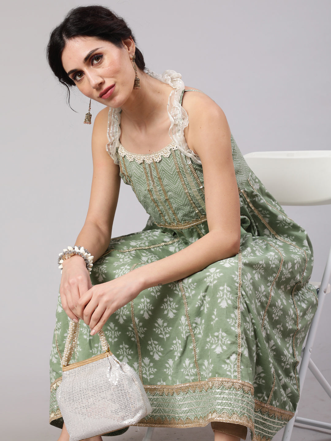 Women's Pastel Green Printed Anarkali With Lace Details