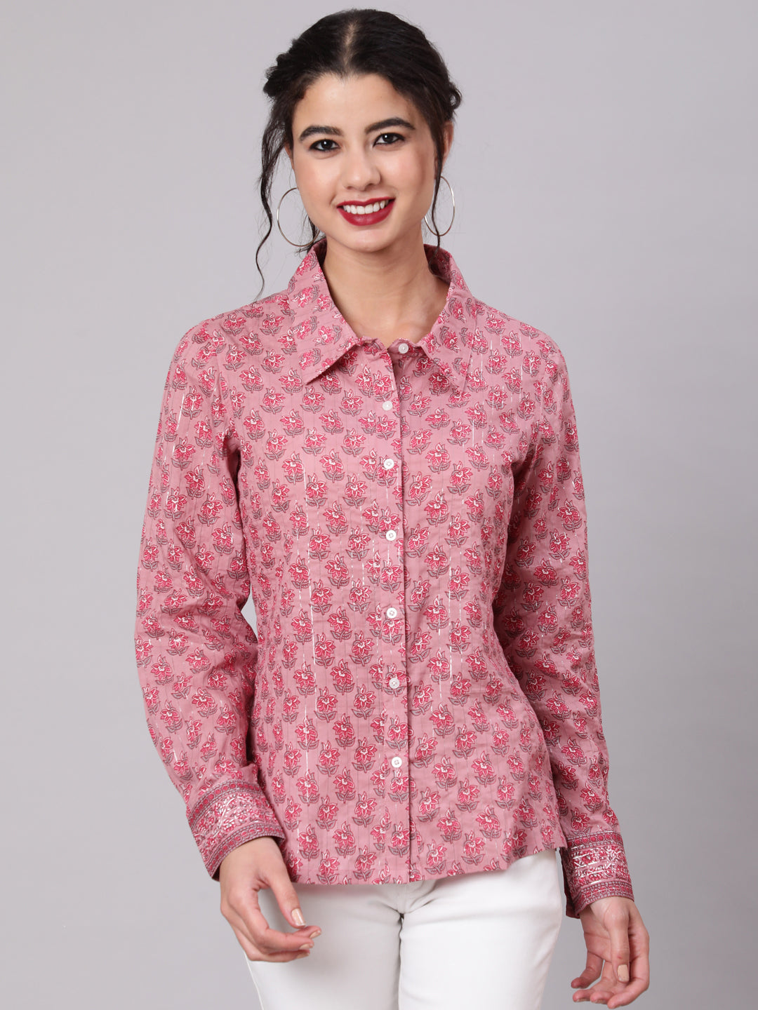 Women's Pink Floral Print Lurex Shirt
