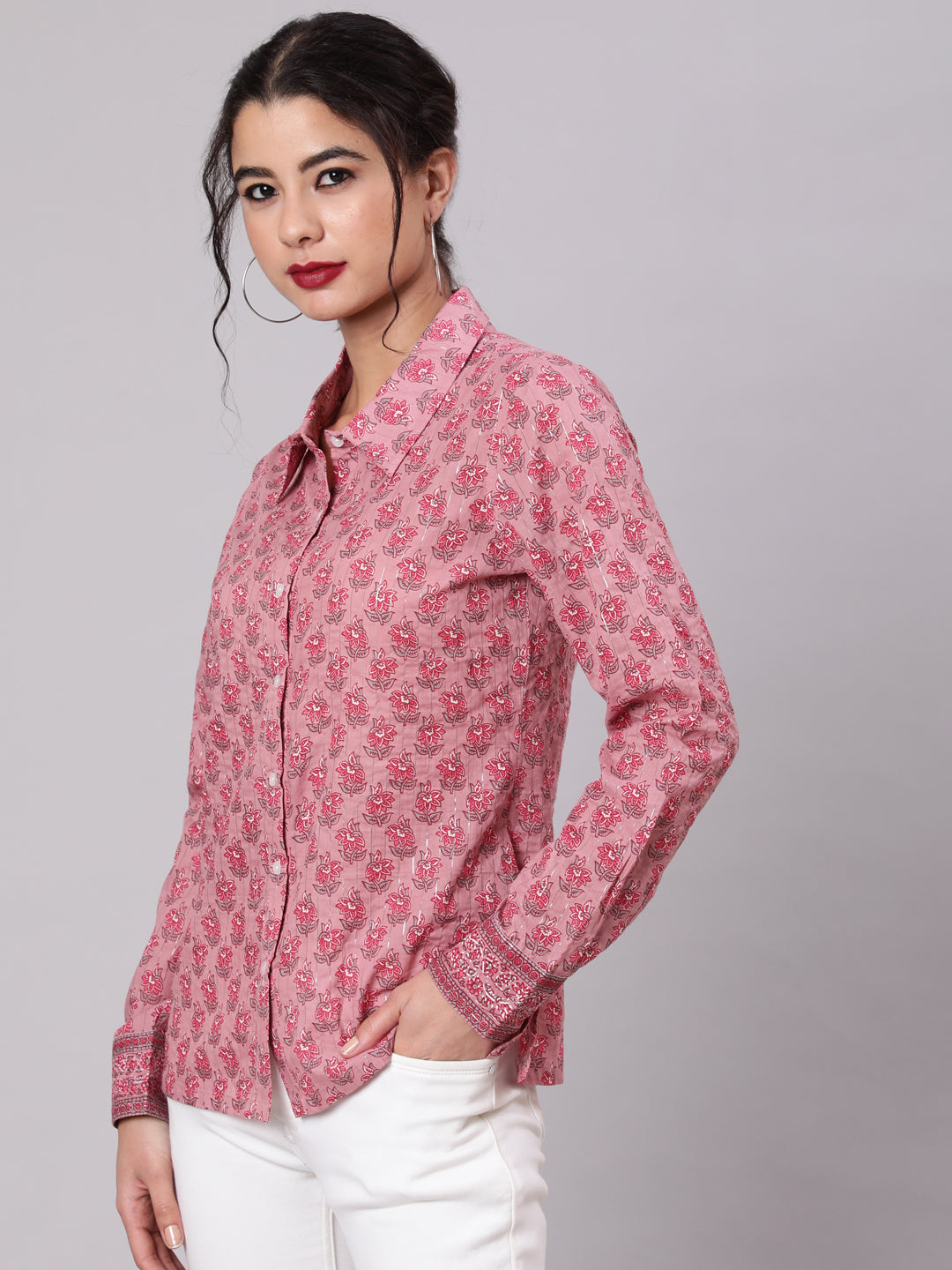 Women's Pink Floral Print Lurex Shirt