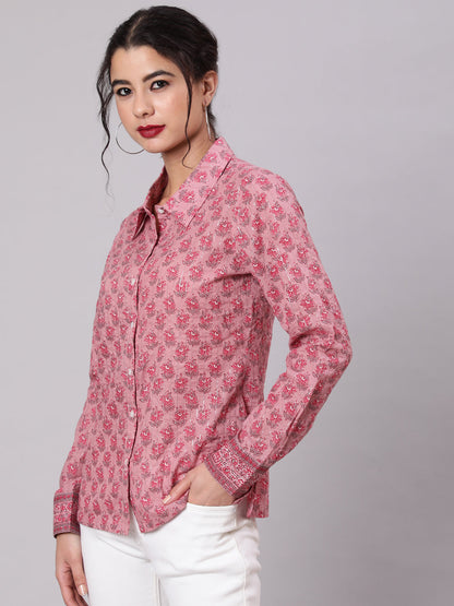 Women's Pink Floral Print Lurex Shirt