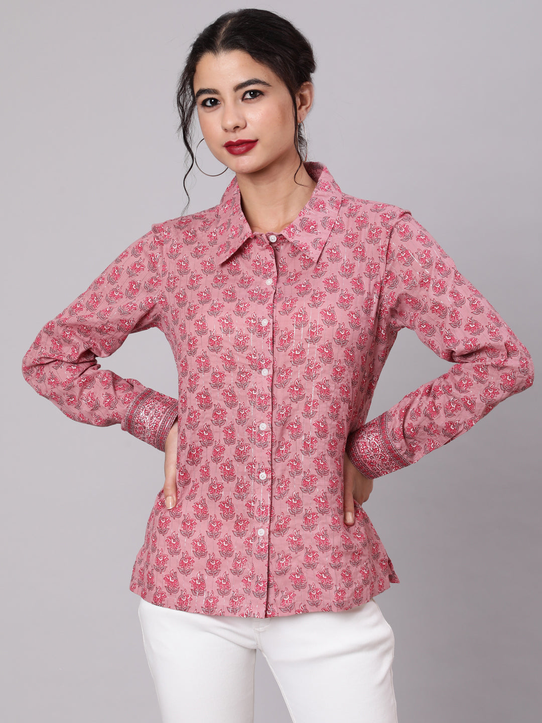 Women's Pink Floral Print Lurex Shirt