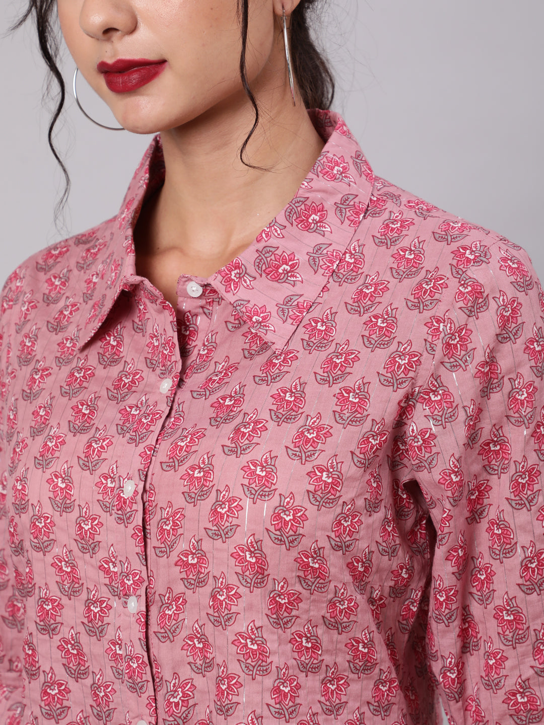 Women's Pink Floral Print Lurex Shirt