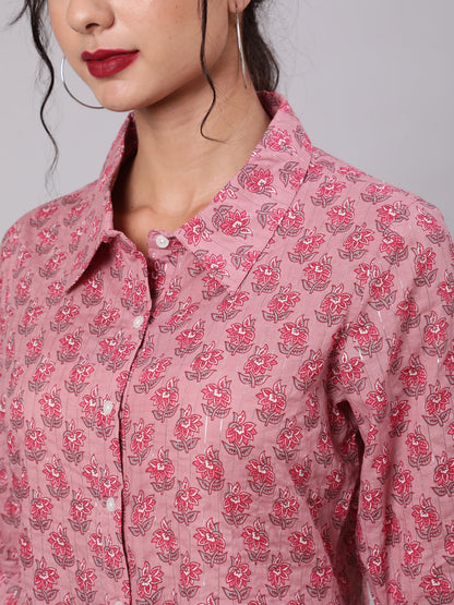 Women's Pink Floral Print Lurex Shirt