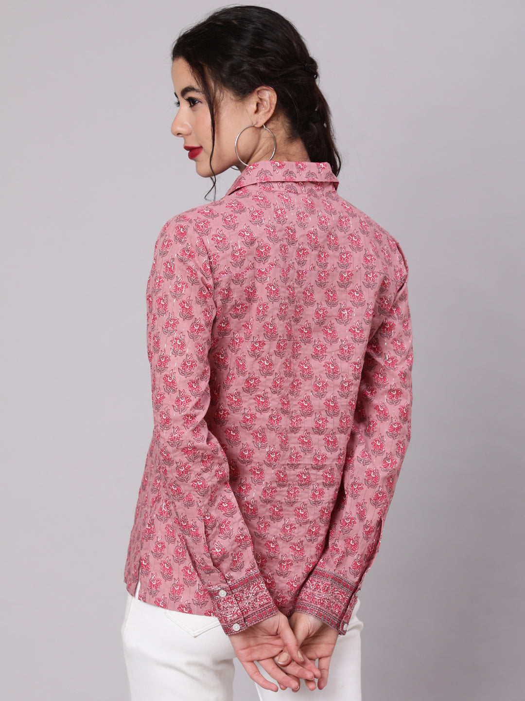 Women's Pink Floral Print Lurex Shirt