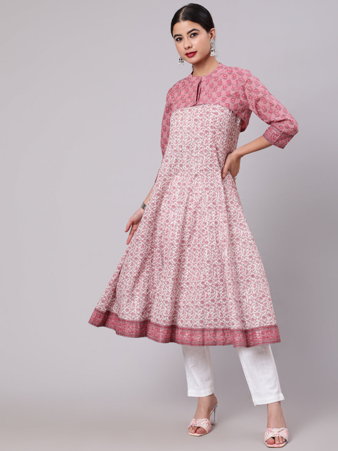 Women's White Floral Print Anarkali With Crop Jacket