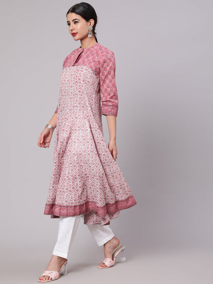 Women's White Floral Print Anarkali With Crop Jacket
