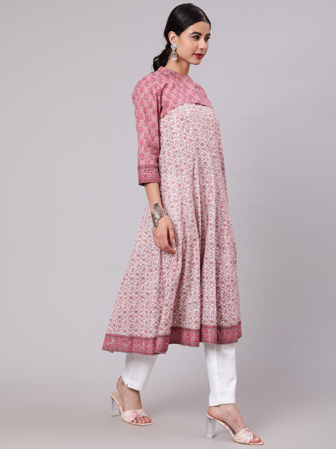 Women's White Floral Print Anarkali With Crop Jacket