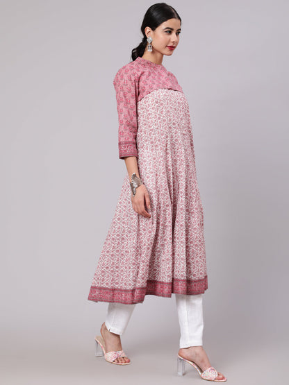 Women's White Floral Print Anarkali With Crop Jacket