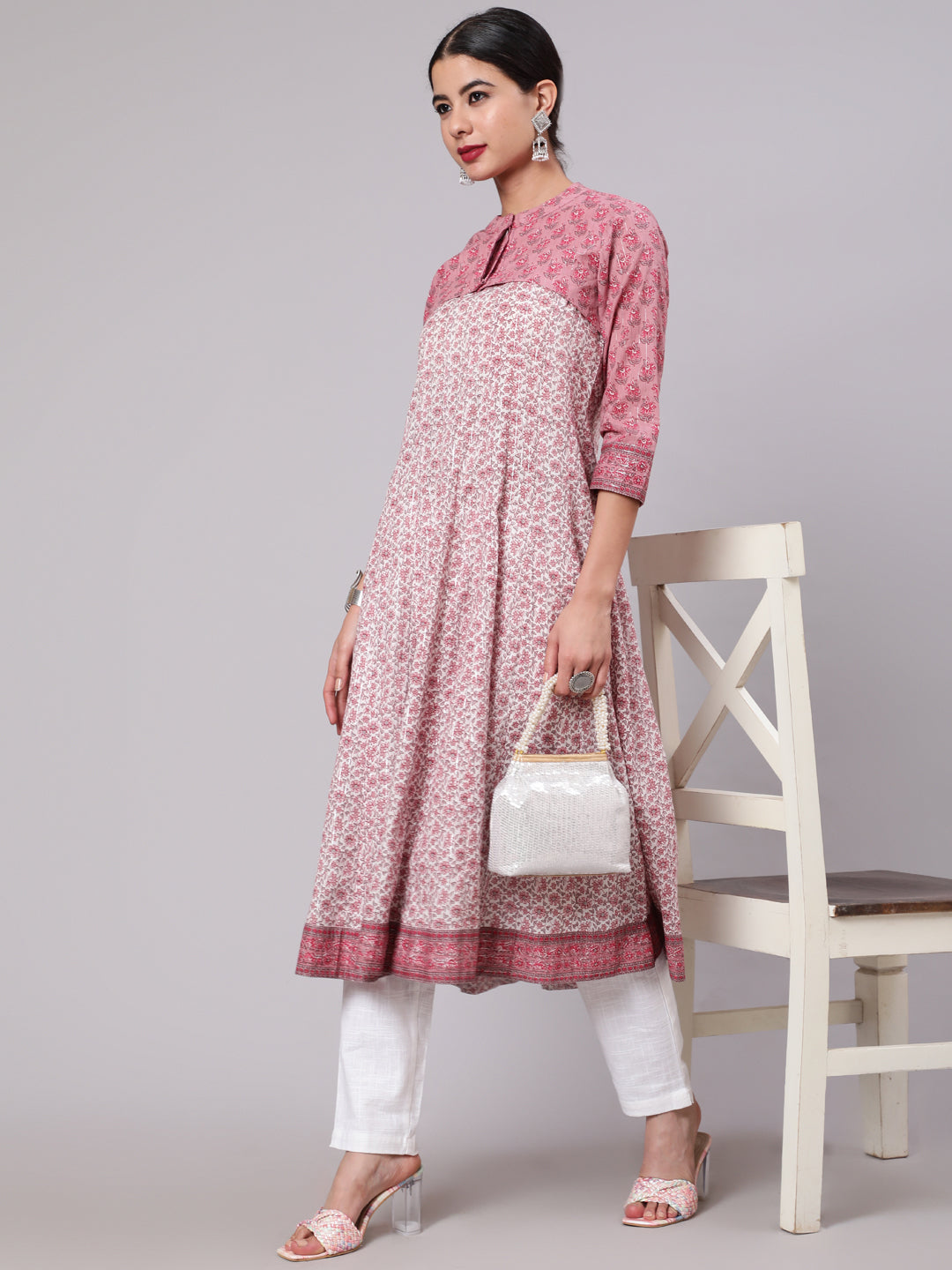Women's White Floral Print Anarkali With Crop Jacket