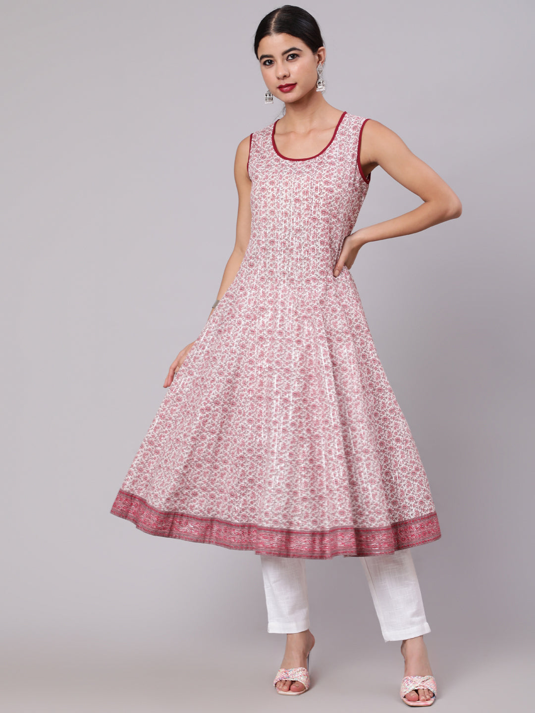 Women's White Floral Print Anarkali With Crop Jacket