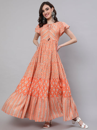 Women's Peach Printed Tiered Maxi Dress