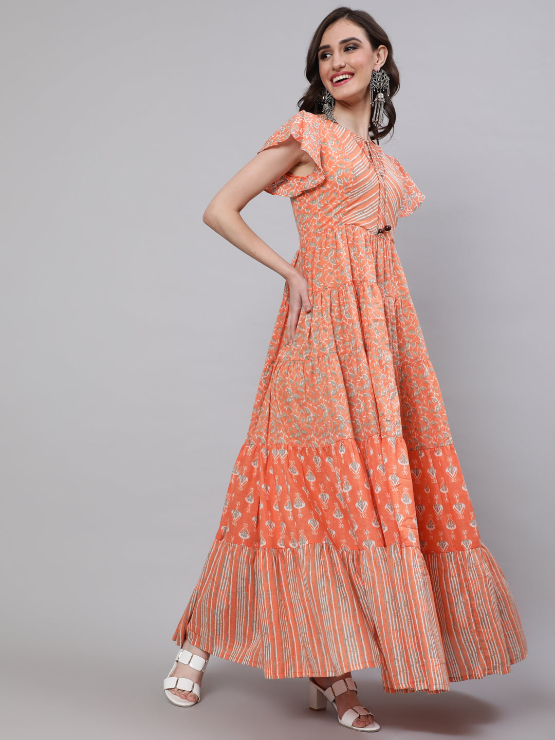 Women's Peach Printed Tiered Maxi Dress