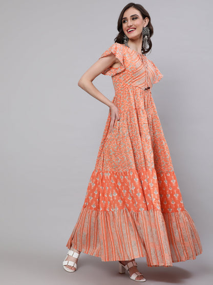 Women's Peach Printed Tiered Maxi Dress