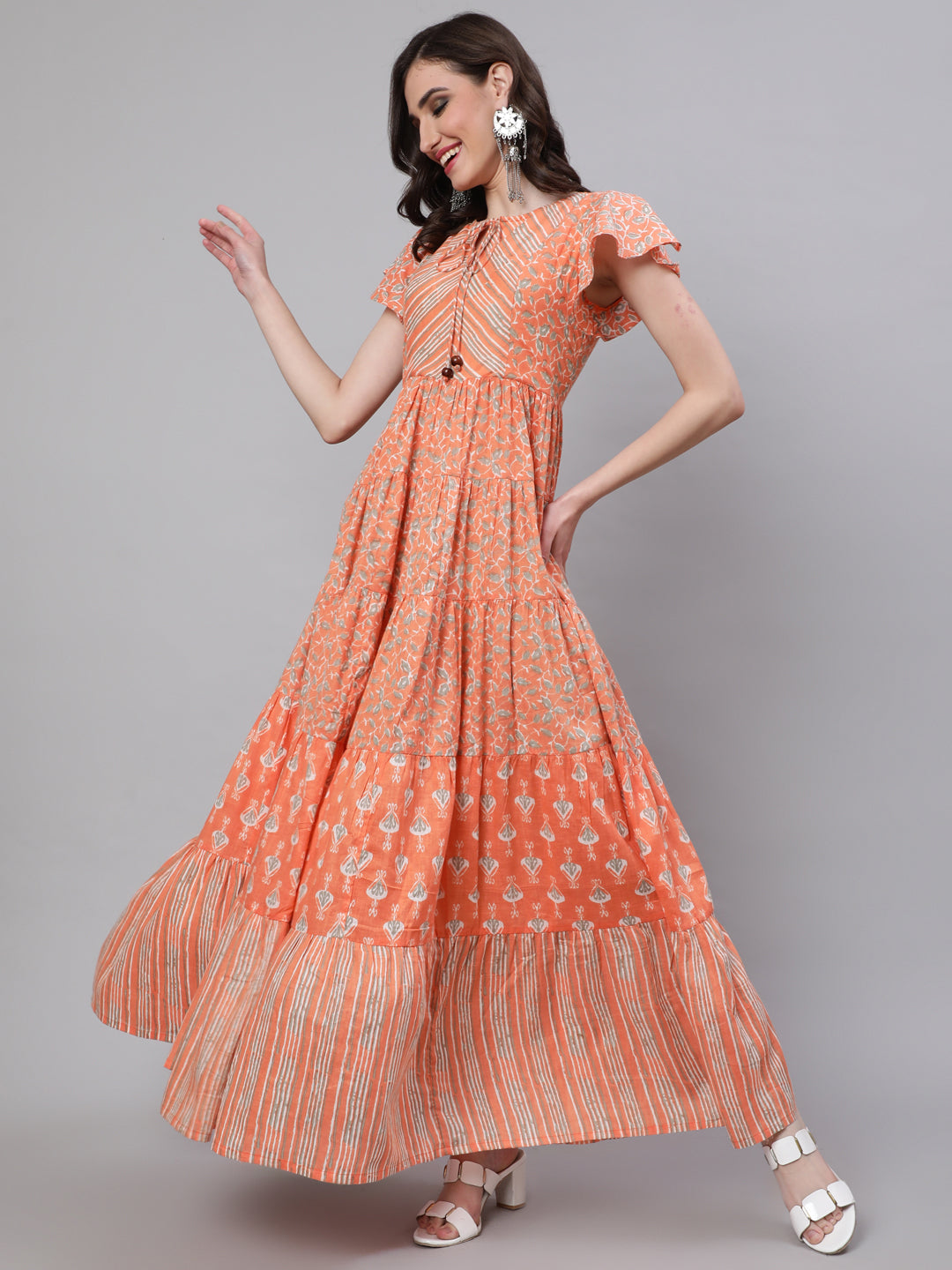 Women's Peach Printed Tiered Maxi Dress