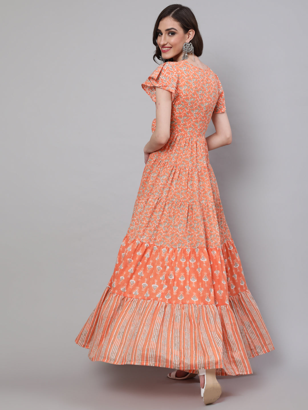 Women's Peach Printed Tiered Maxi Dress