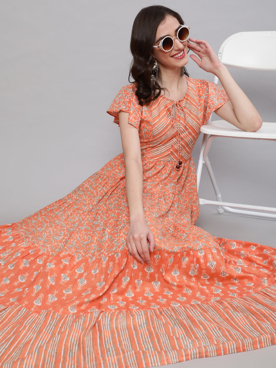Women's Peach Printed Tiered Maxi Dress