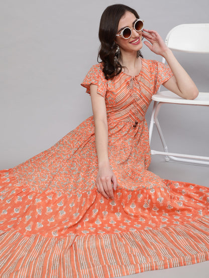 Women's Peach Printed Tiered Maxi Dress