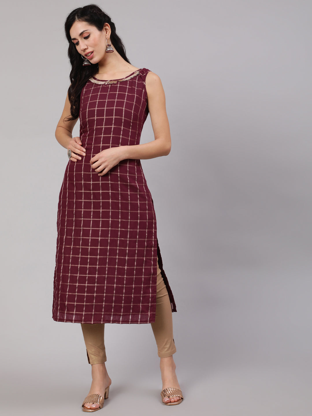 Women's Burgundy Checked Kurta With Lace Details