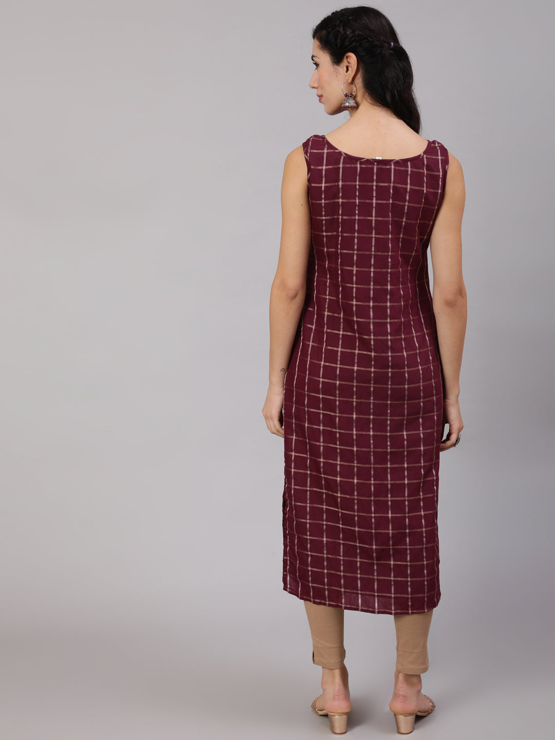 Women's Burgundy Checked Kurta With Lace Details
