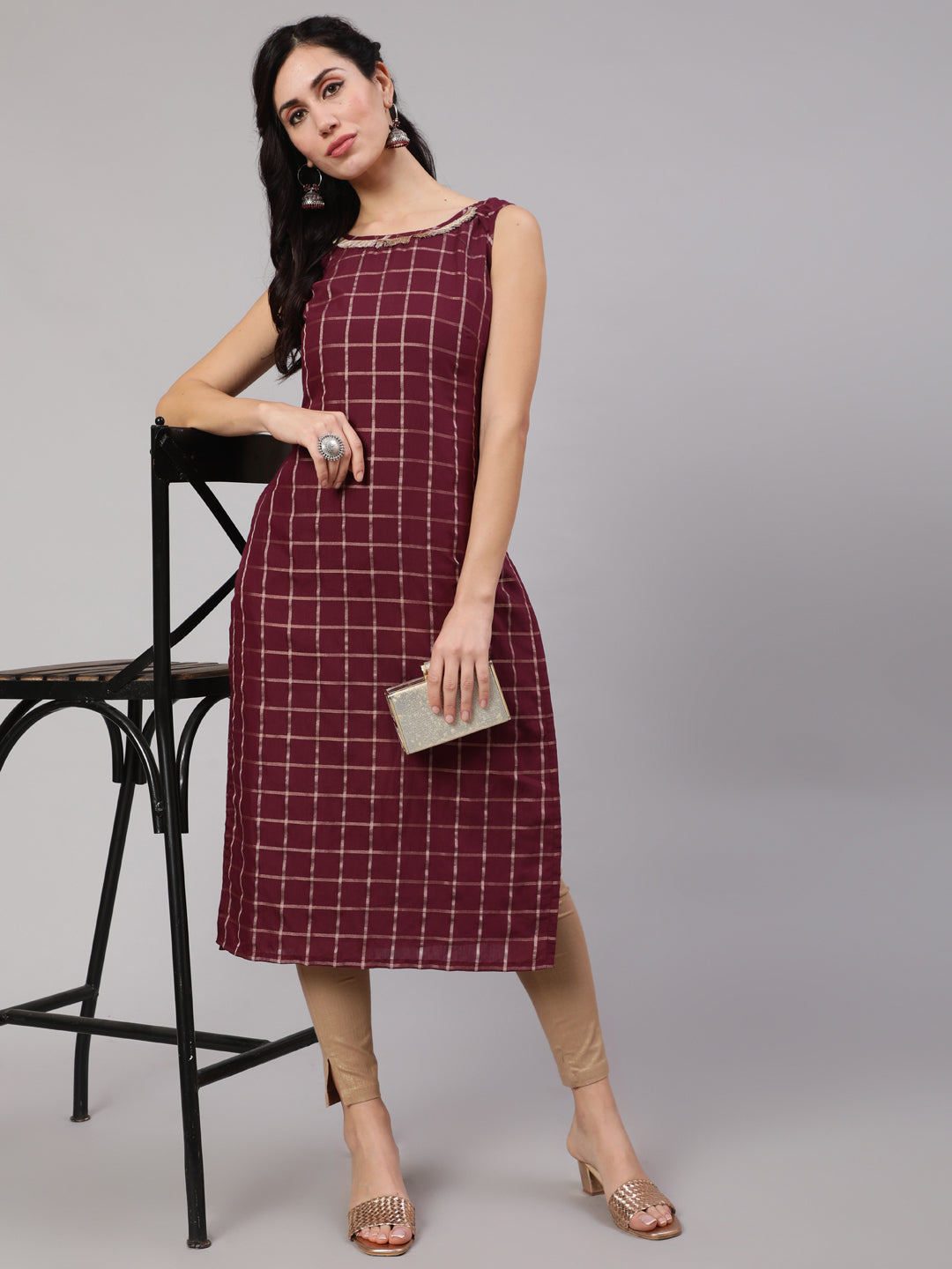 Women's Burgundy Checked Kurta With Lace Details