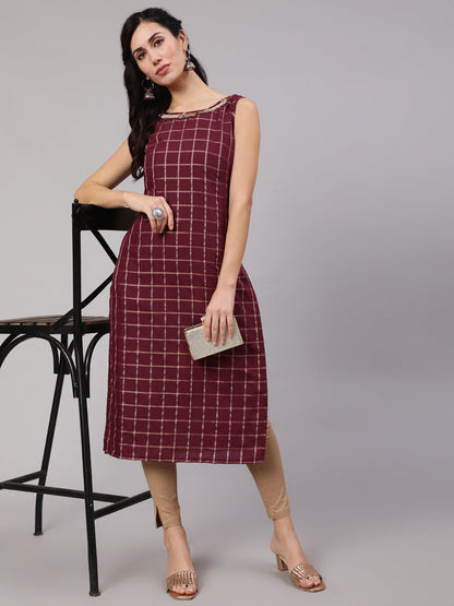 Women's Burgundy Checked Kurta With Lace Details