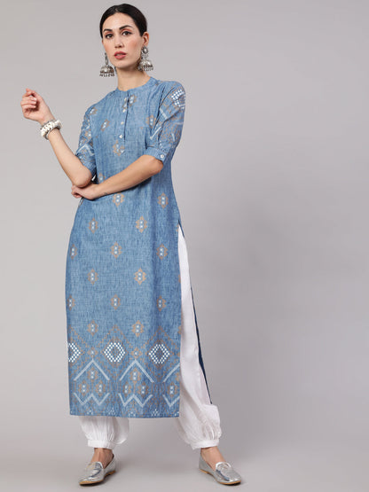 Women's Blue Printed Long Kurta