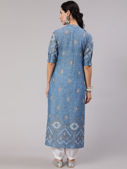 Women's Blue Printed Long Kurta