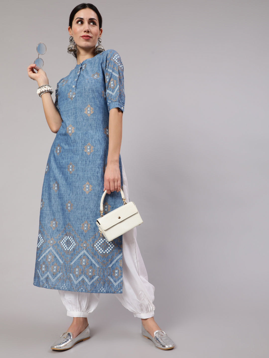 Women's Blue Printed Long Kurta