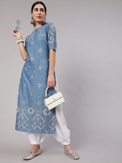 Women's Blue Printed Long Kurta