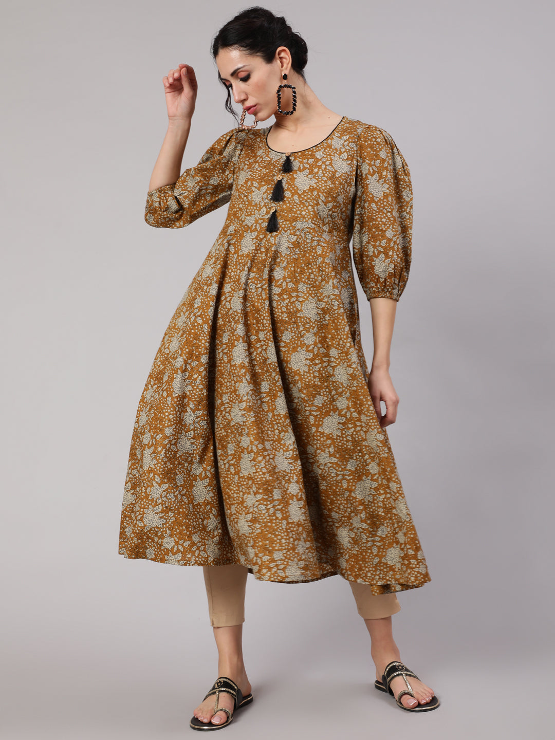 Women's Mustard Floral Print Anarkali