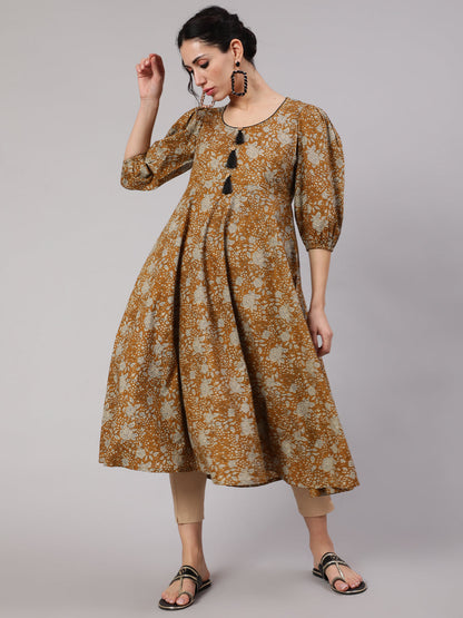 Women's Mustard Floral Print Anarkali