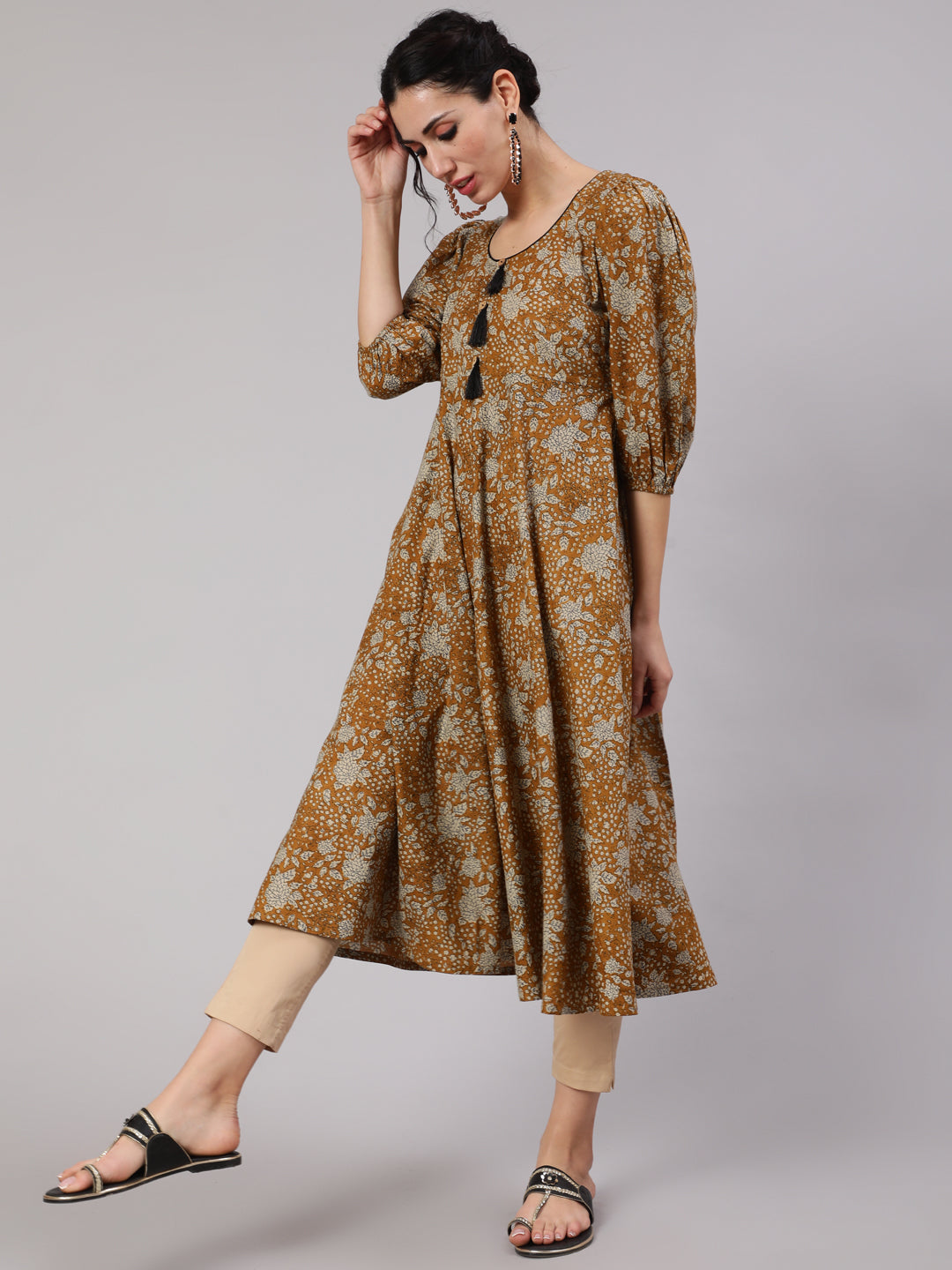 Women's Mustard Floral Print Anarkali