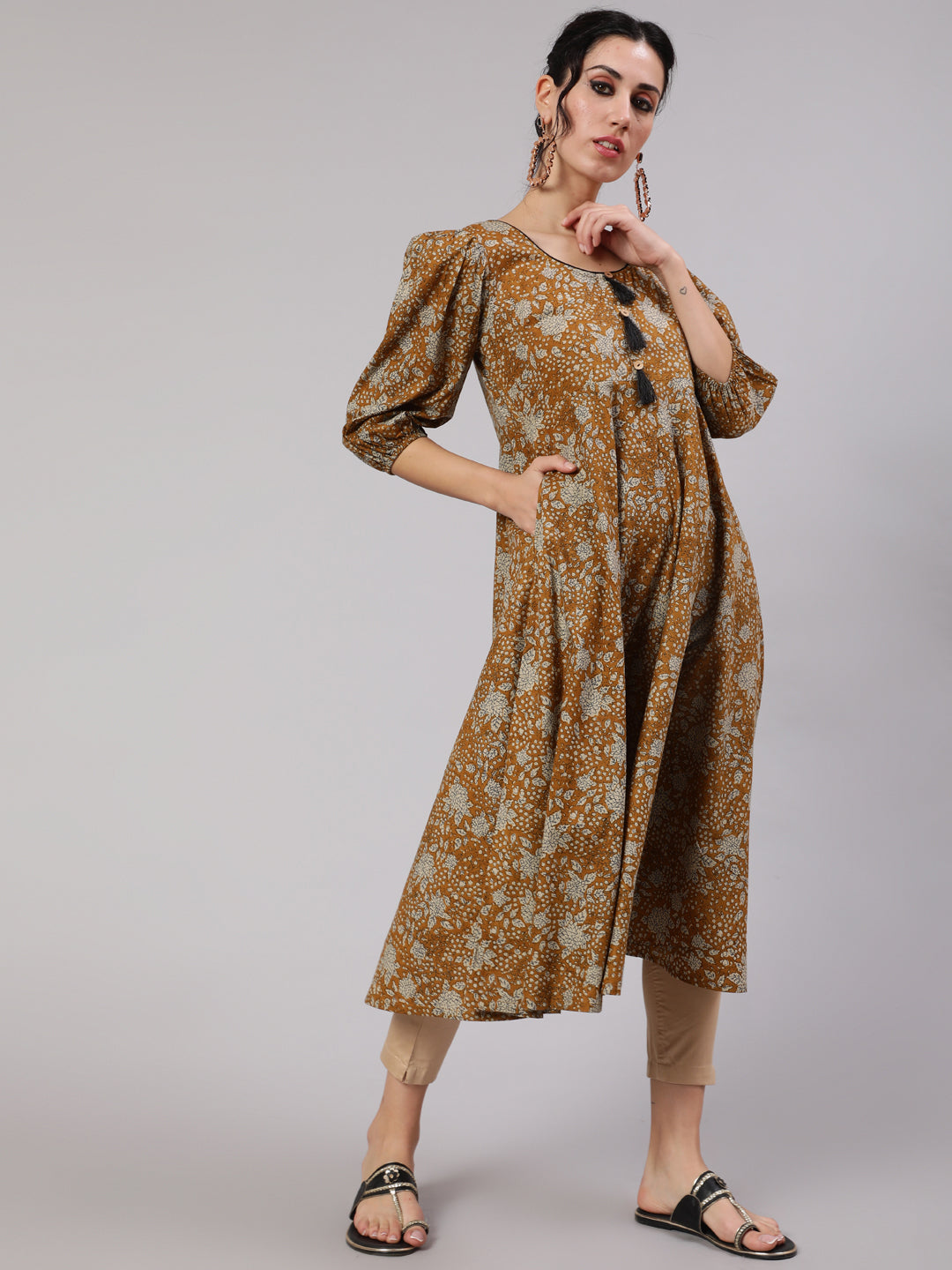 Women's Mustard Floral Print Anarkali