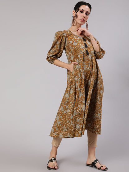 Women's Mustard Floral Print Anarkali