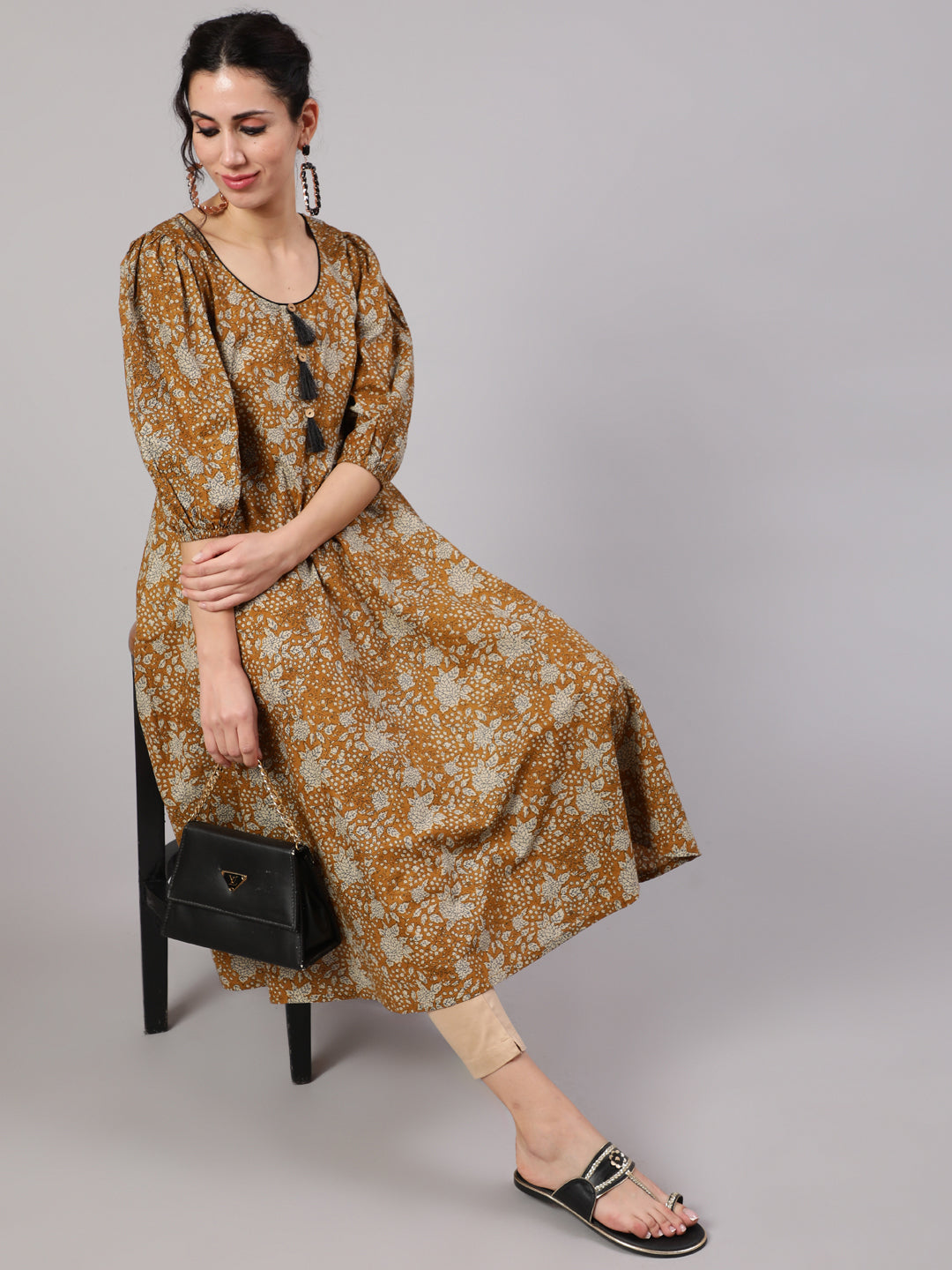 Women's Mustard Floral Print Anarkali