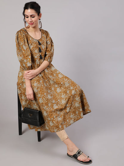 Women's Mustard Floral Print Anarkali