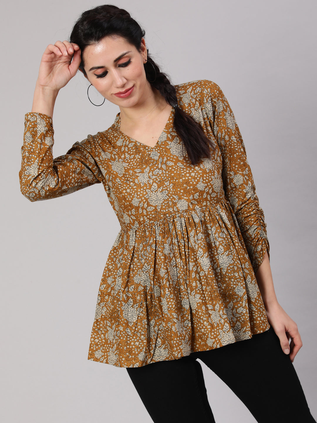 Women's Mustard Floral Printed Gathered Tunic
