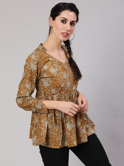 Women's Mustard Floral Printed Gathered Tunic