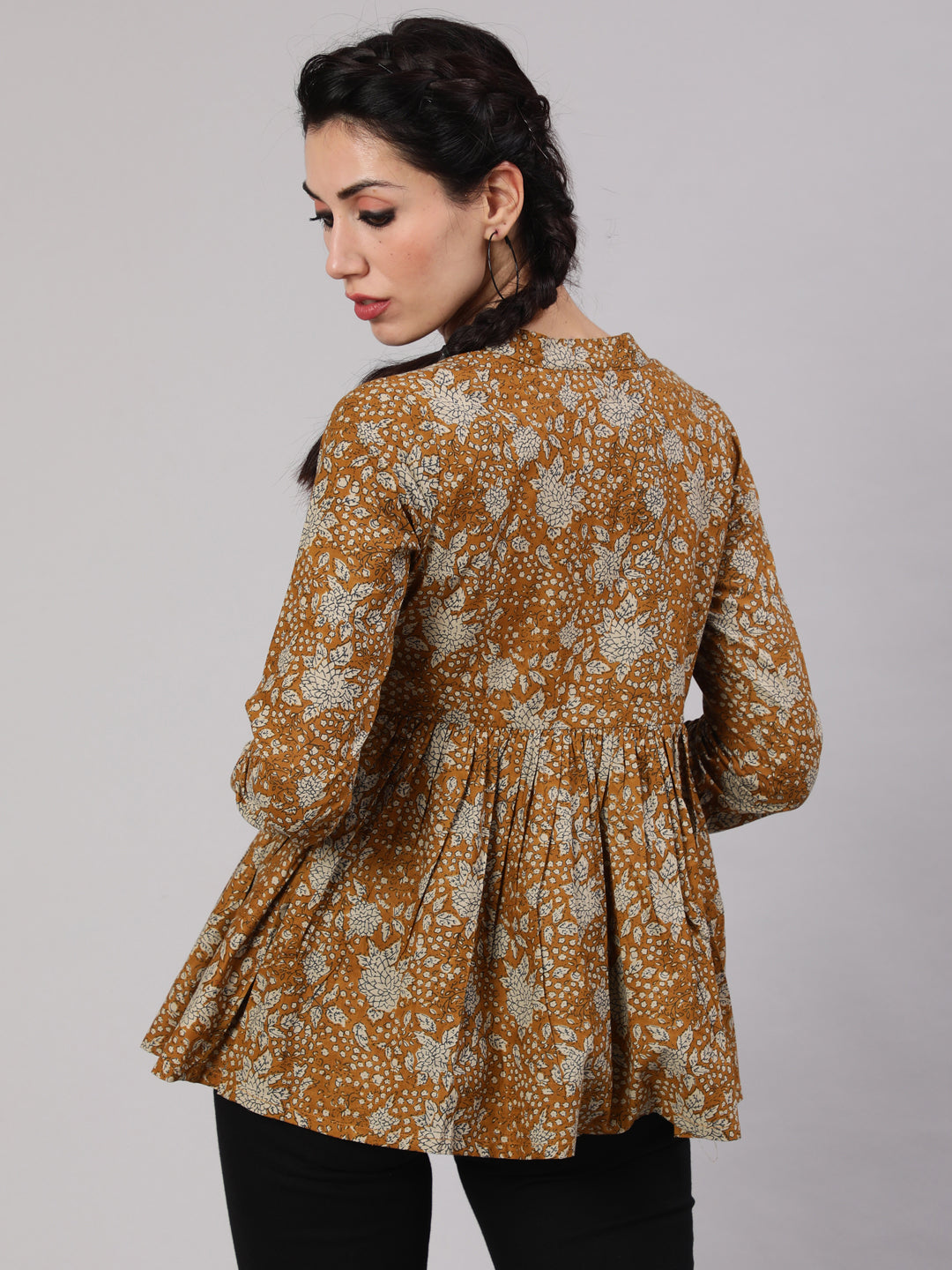 Women's Mustard Floral Printed Gathered Tunic