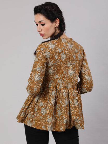 Women's Mustard Floral Printed Gathered Tunic