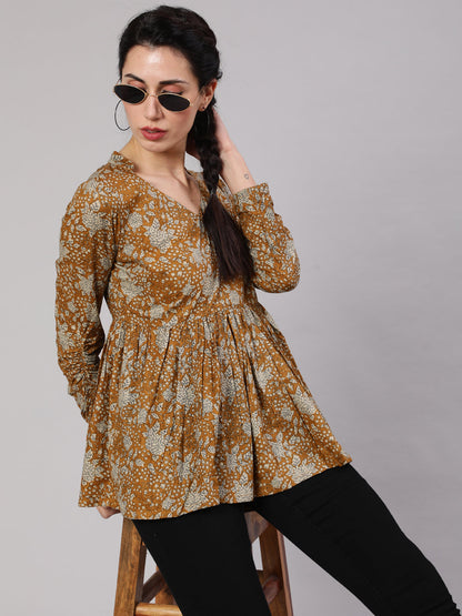 Women's Mustard Floral Printed Gathered Tunic
