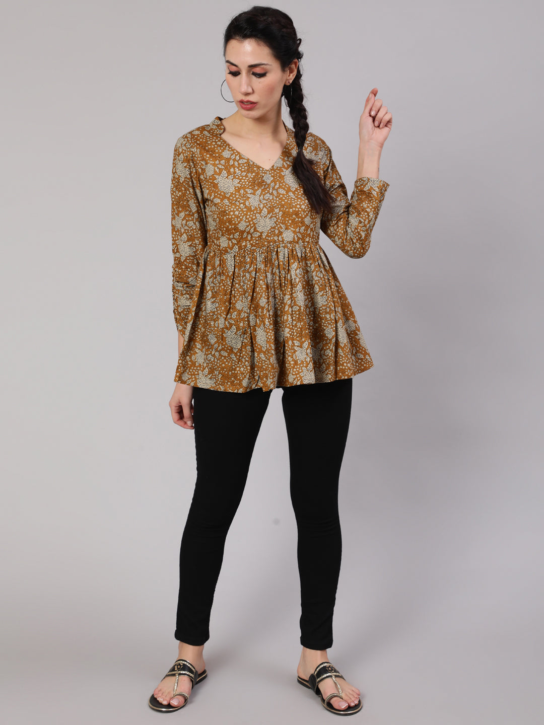 Women's Mustard Floral Printed Gathered Tunic