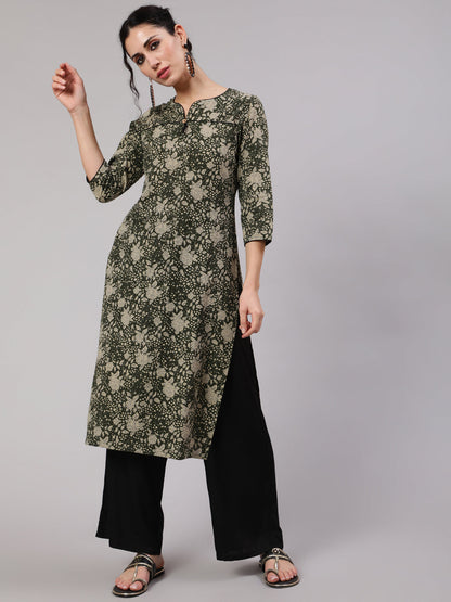 Women's Green Foral Print Straight Kantha Work Kurta