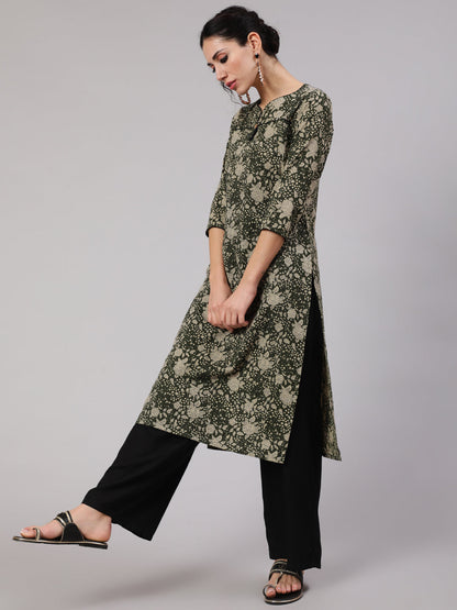 Women's Green Foral Print Straight Kantha Work Kurta