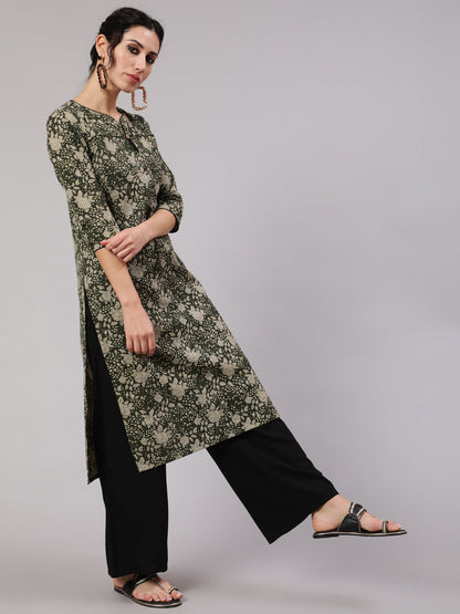 Women's Green Foral Print Straight Kantha Work Kurta