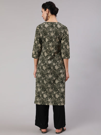 Women's Green Foral Print Straight Kantha Work Kurta