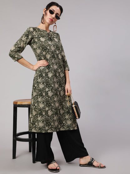 Women's Green Foral Print Straight Kantha Work Kurta
