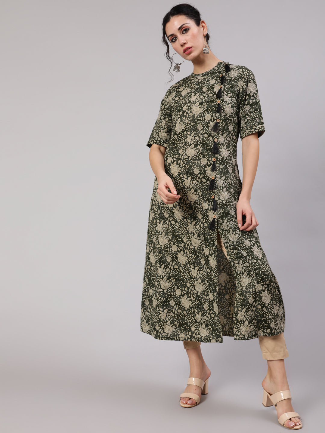 Women's Green Floral Print Kantha Work A-Line Kurta