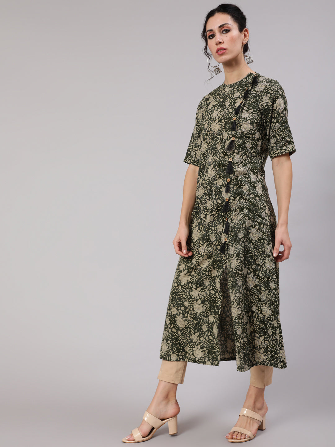 Women's Green Floral Print Kantha Work A-Line Kurta