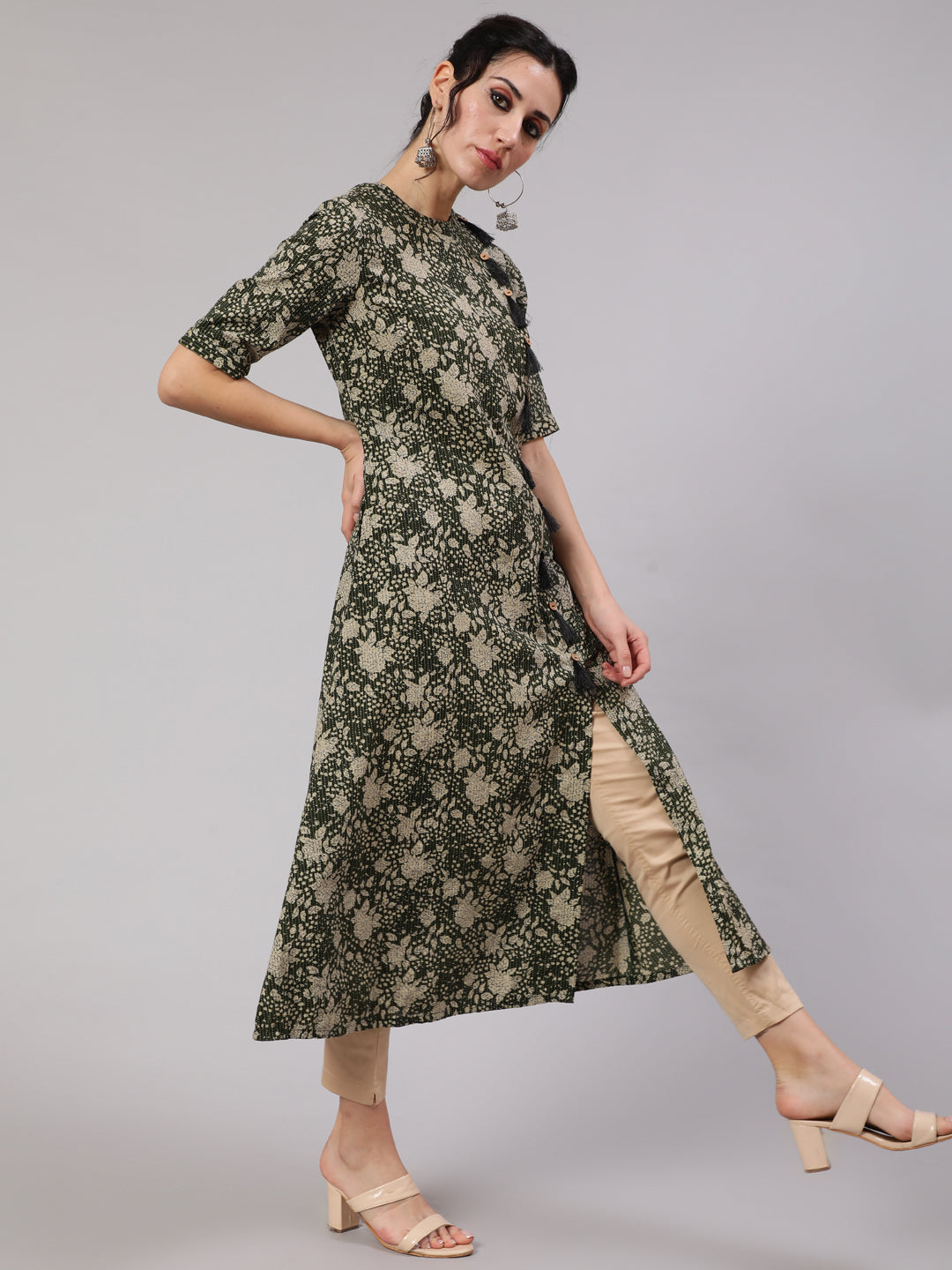 Women's Green Floral Print Kantha Work A-Line Kurta